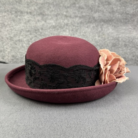 Bollman Accessories - Vintage 100% Wool Felt Cloche Hat Burgundy Wine Black Lace Floral Accent